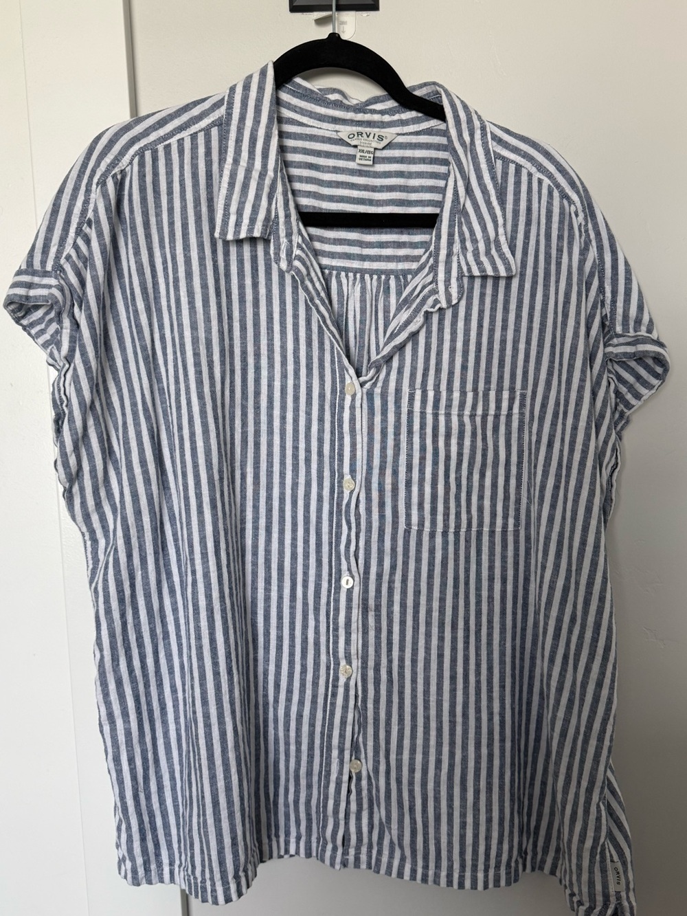 Orvis Navy and White Vertical Stripe Short-Sleeve Button Down